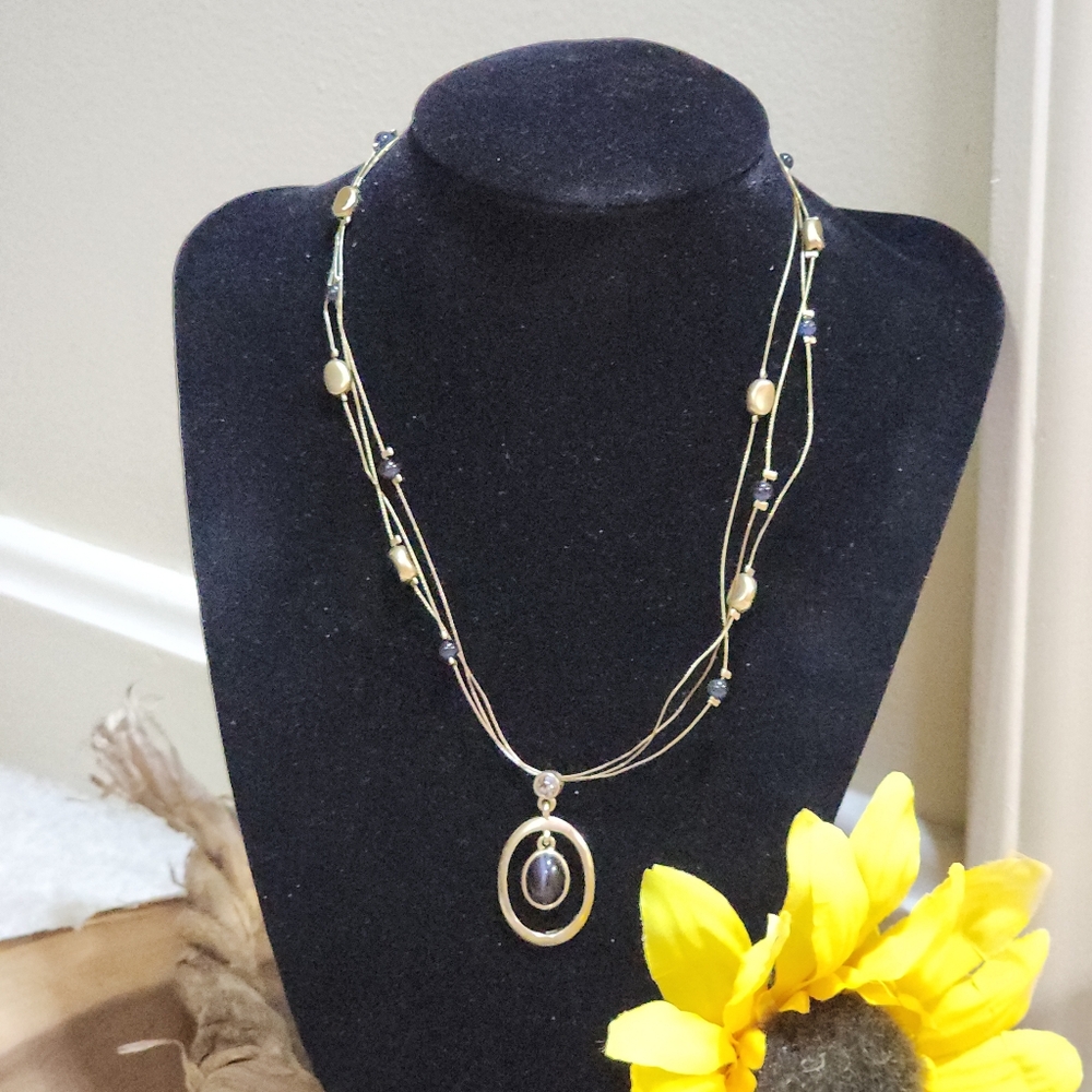Vintage Lia Sophia Necklace Black Glass, Gold Toned Beads With Cats Eye Pendant